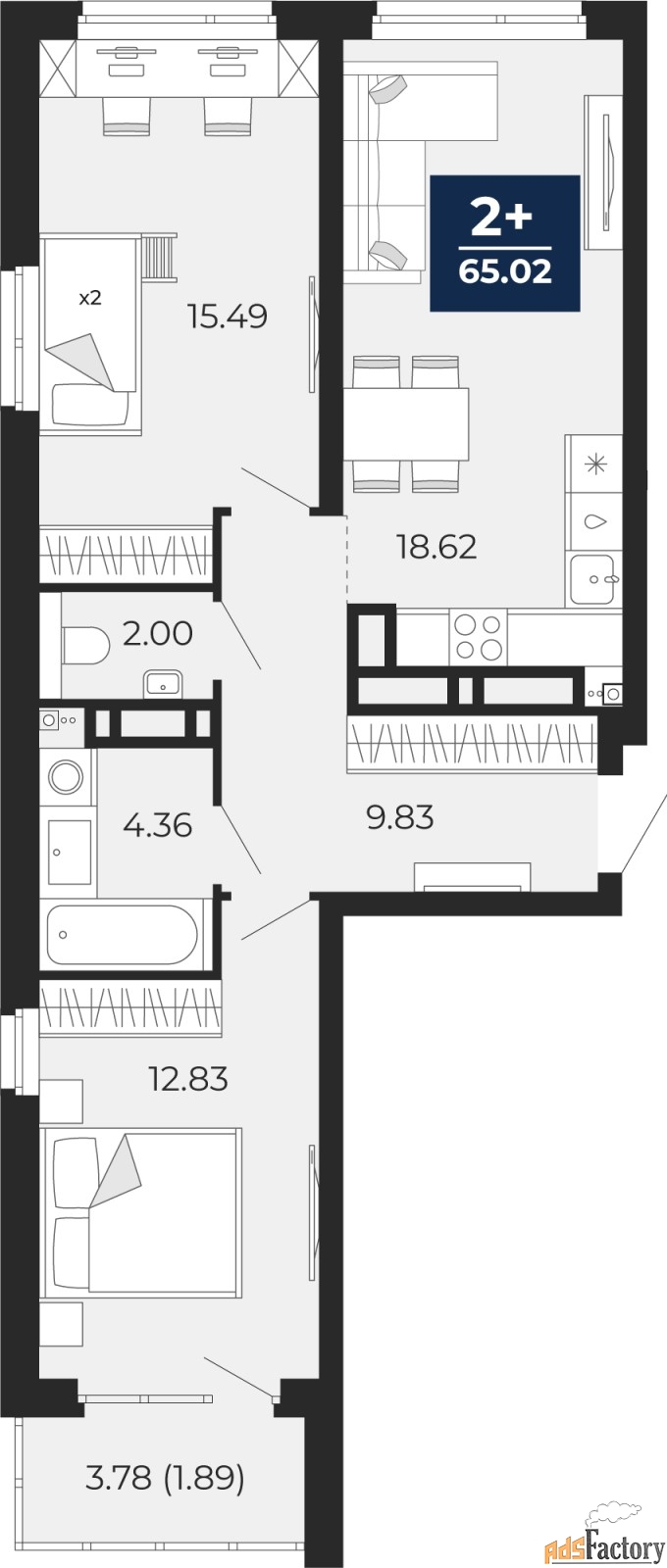 2 - комн.  квартира, 65.02 м², 21/23 эт.