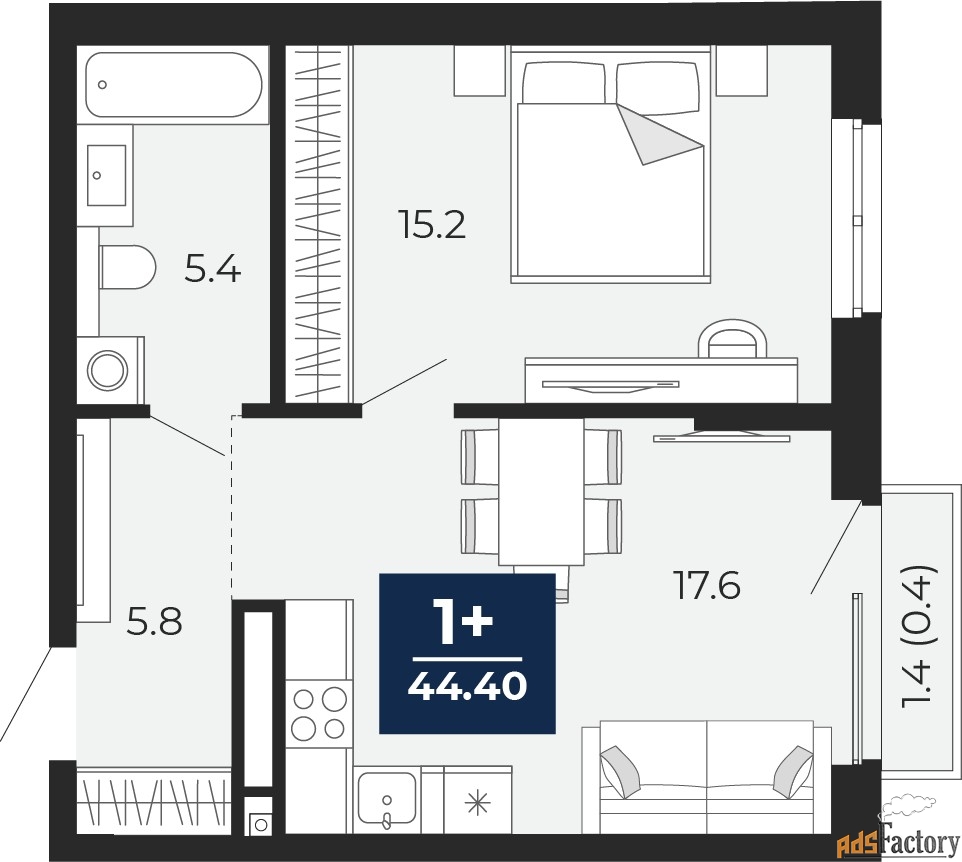 1 - комн.  квартира, 44.4 м², 4/16 эт.