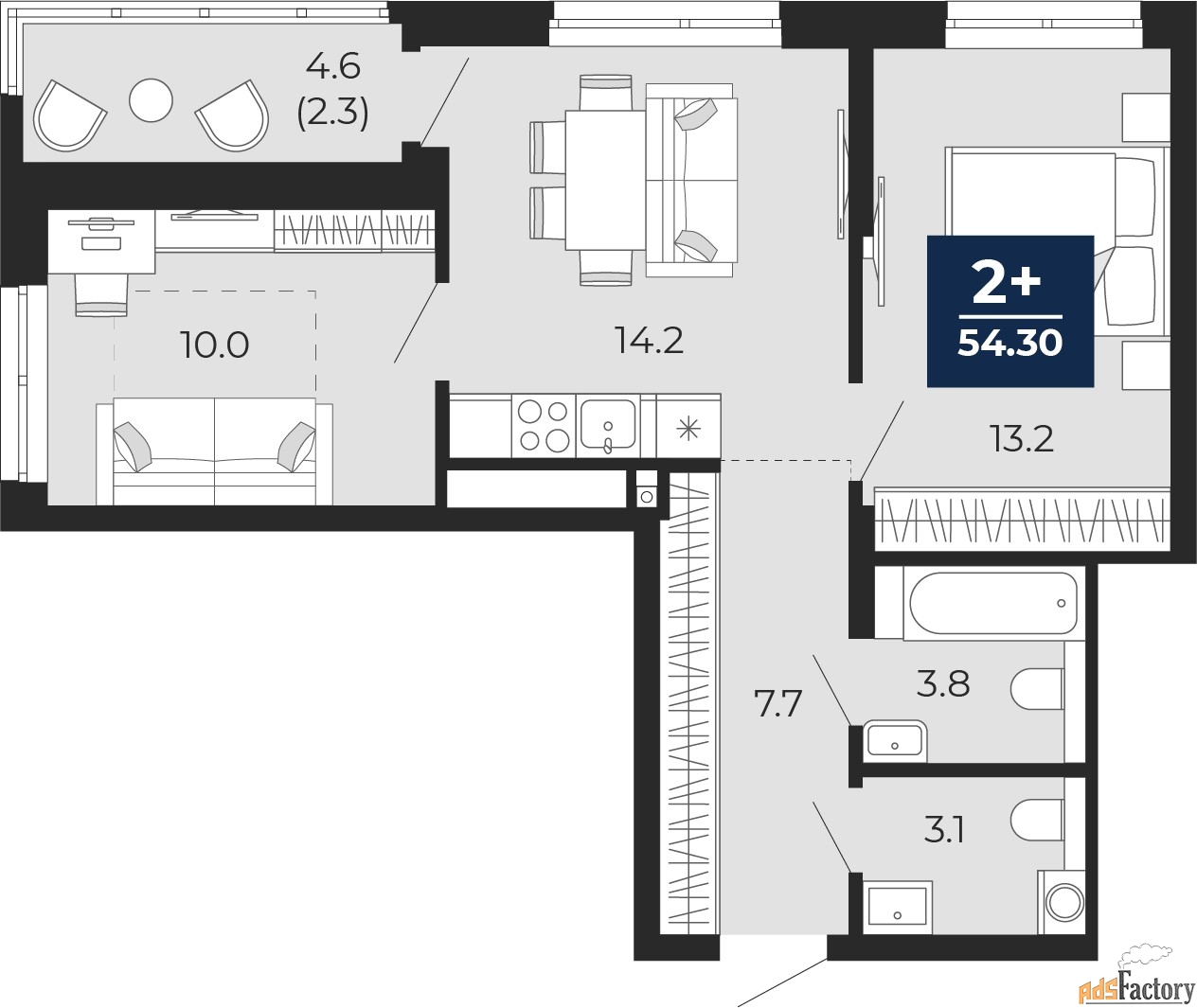 2 - комн.  квартира, 54.3 м², 14/25 эт.