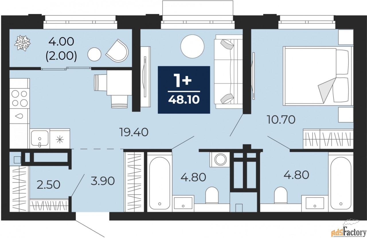 1 - комн.  квартира, 48.1 м², 24/24 эт.