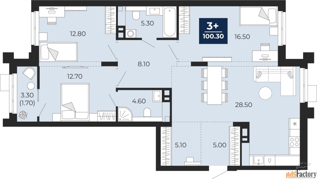 3 - комн.  квартира, 100.3 м², 5/20 эт.