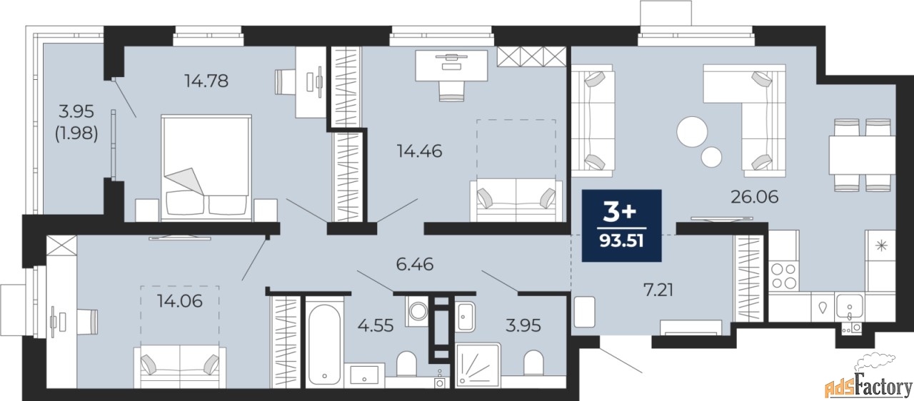 3 - комн.  квартира, 93.51 м², 11/14 эт.