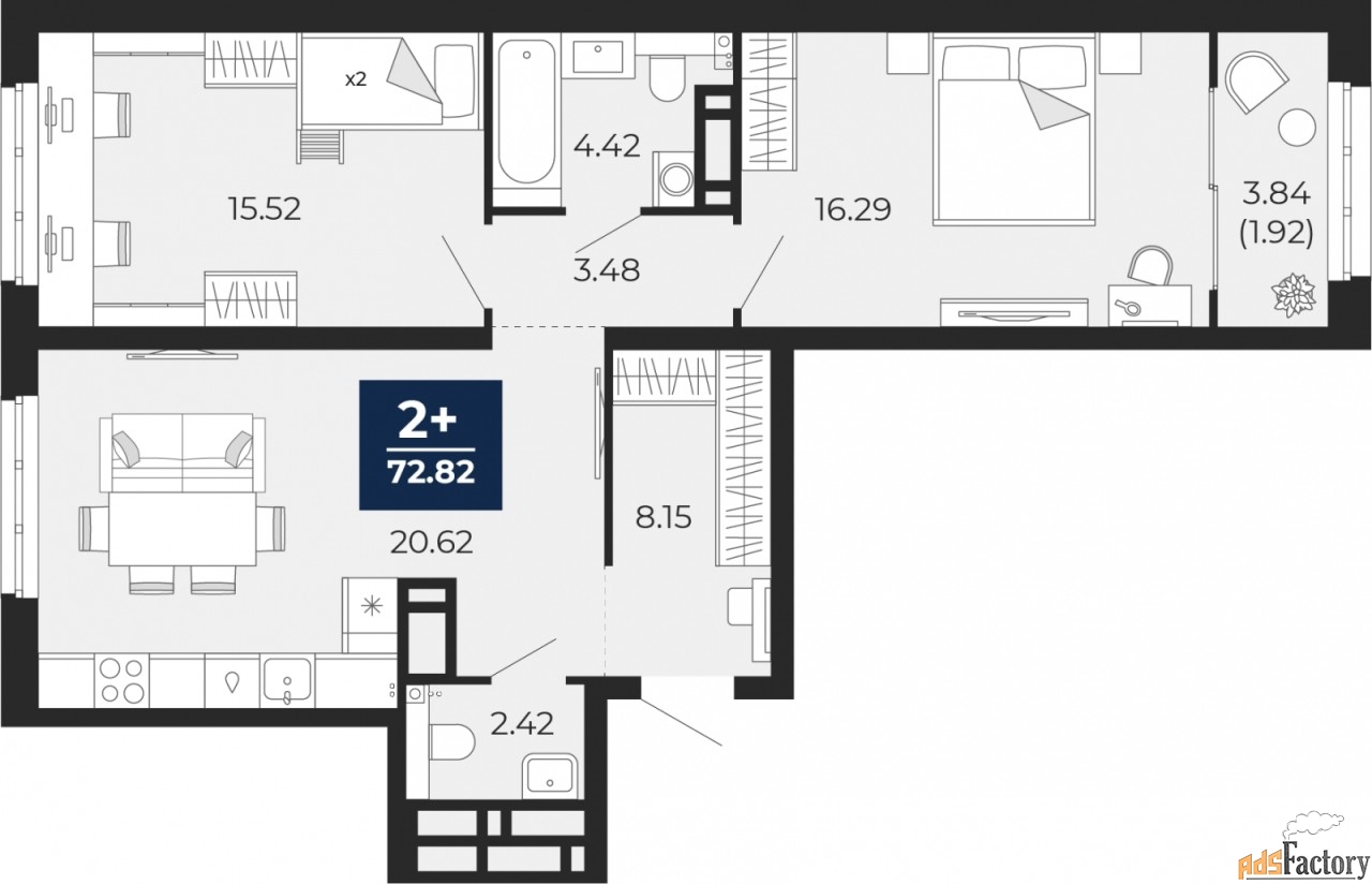 2 - комн.  квартира, 72.82 м², 19/21 эт.