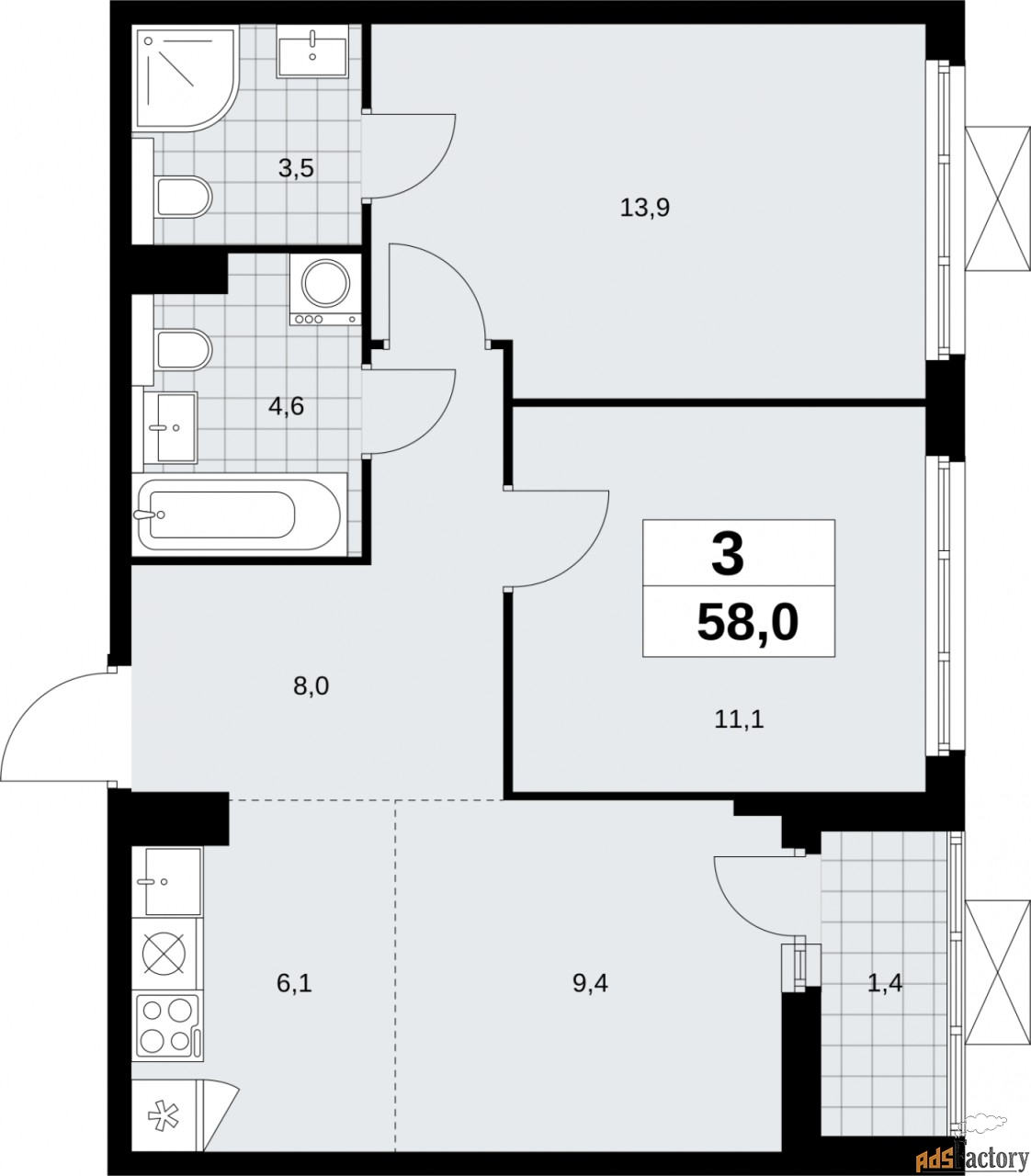 3 - комн.  квартира, 58 м², 15/19 эт.