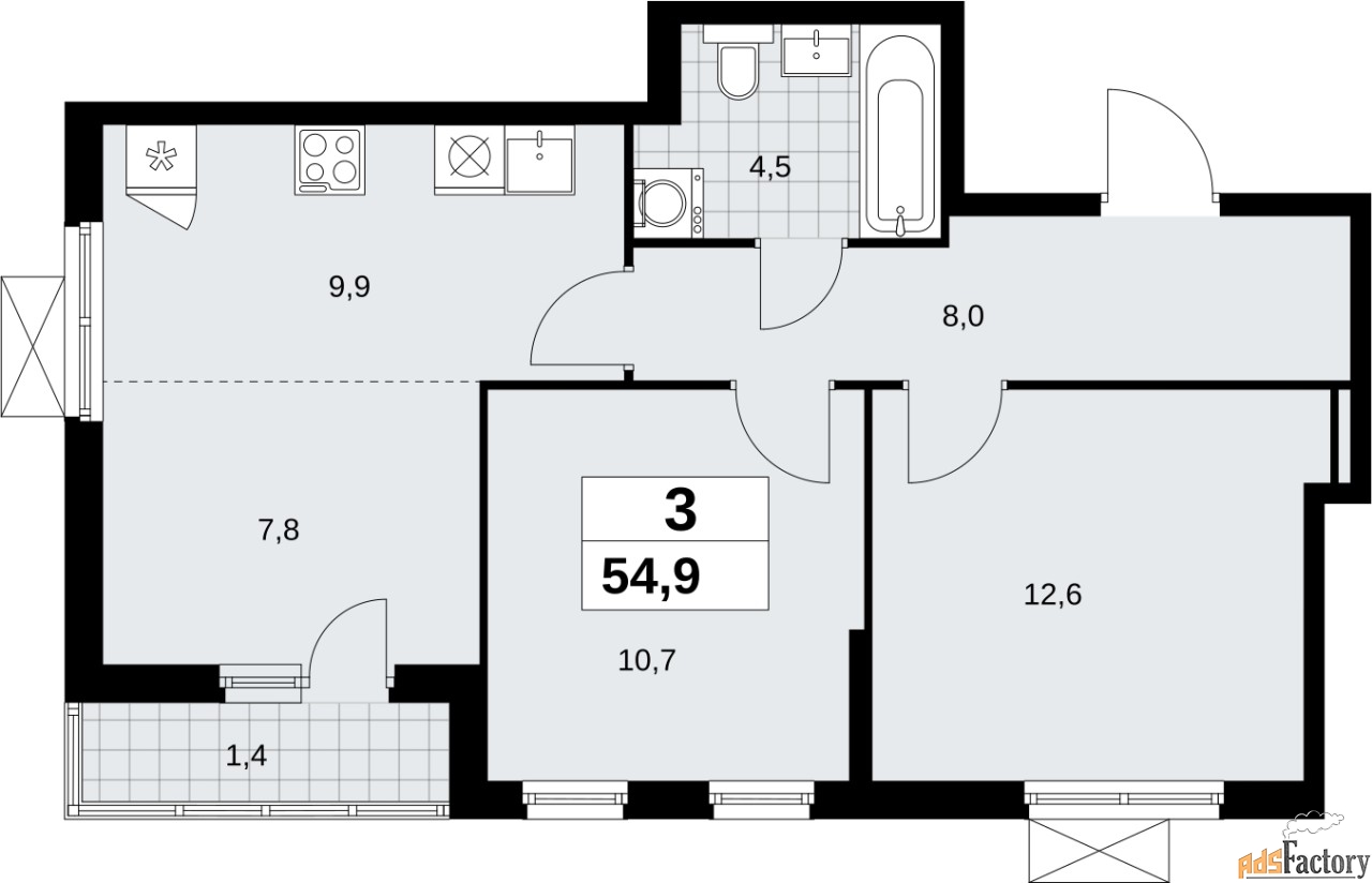 3 - комн.  квартира, 54.9 м², 6/9 эт.