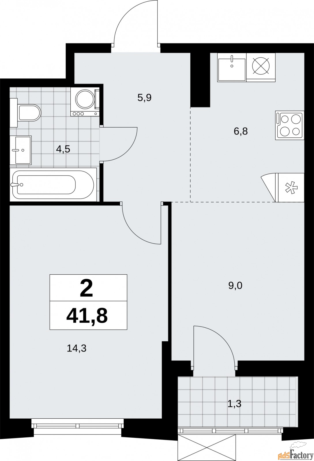 2 - комн.  квартира, 41.8 м², 17/23 эт.