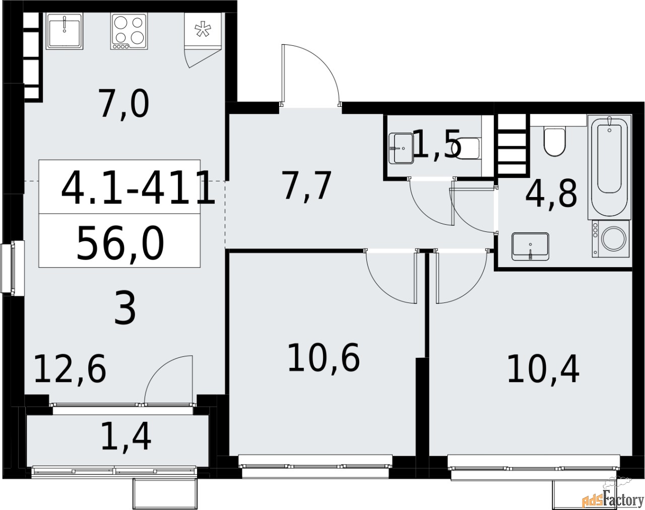 3 - комн. квартира, 56 м², 27/30 эт.