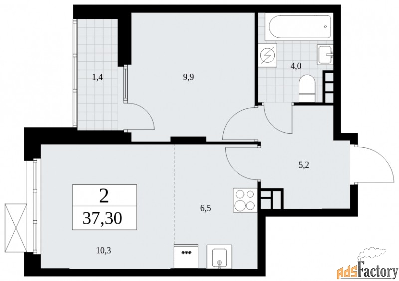 2 - комн. квартира, 37.3 м², 19/19 эт.
