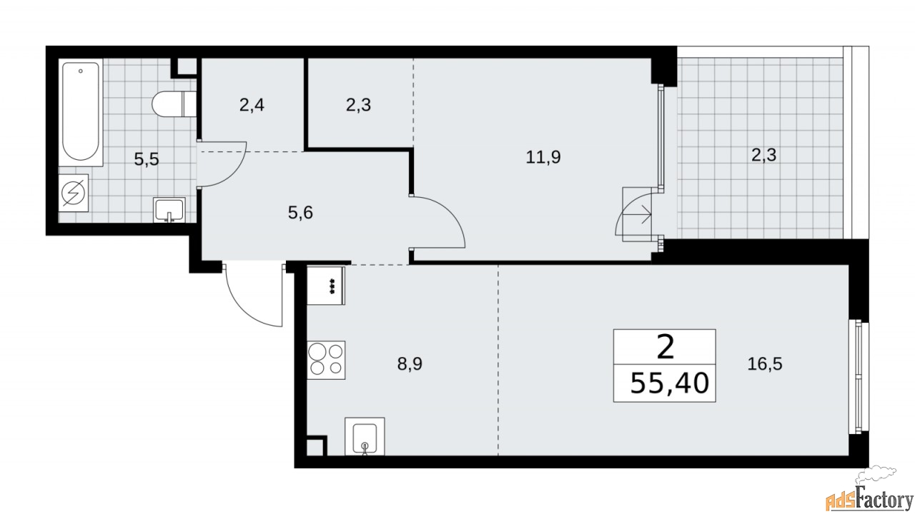 2 - комн. квартира, 55.4 м², 2/16 эт.