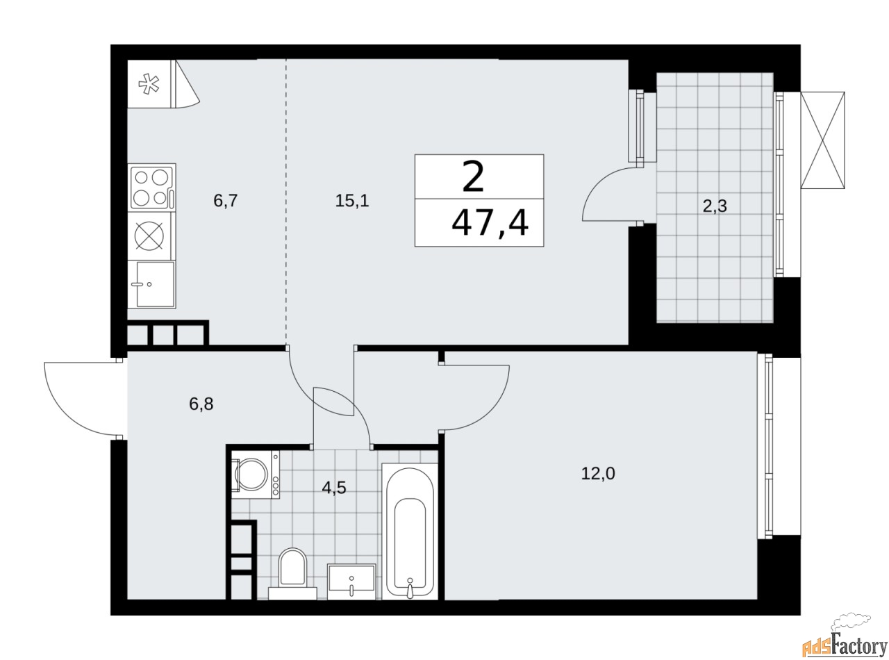 2 - комн. квартира, 47.4 м², 10/21 эт.