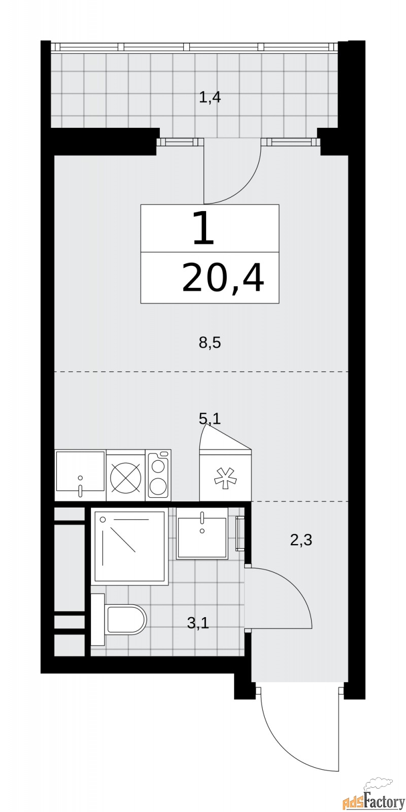 1 - комн. квартира, 20.4 м², 13/15 эт.