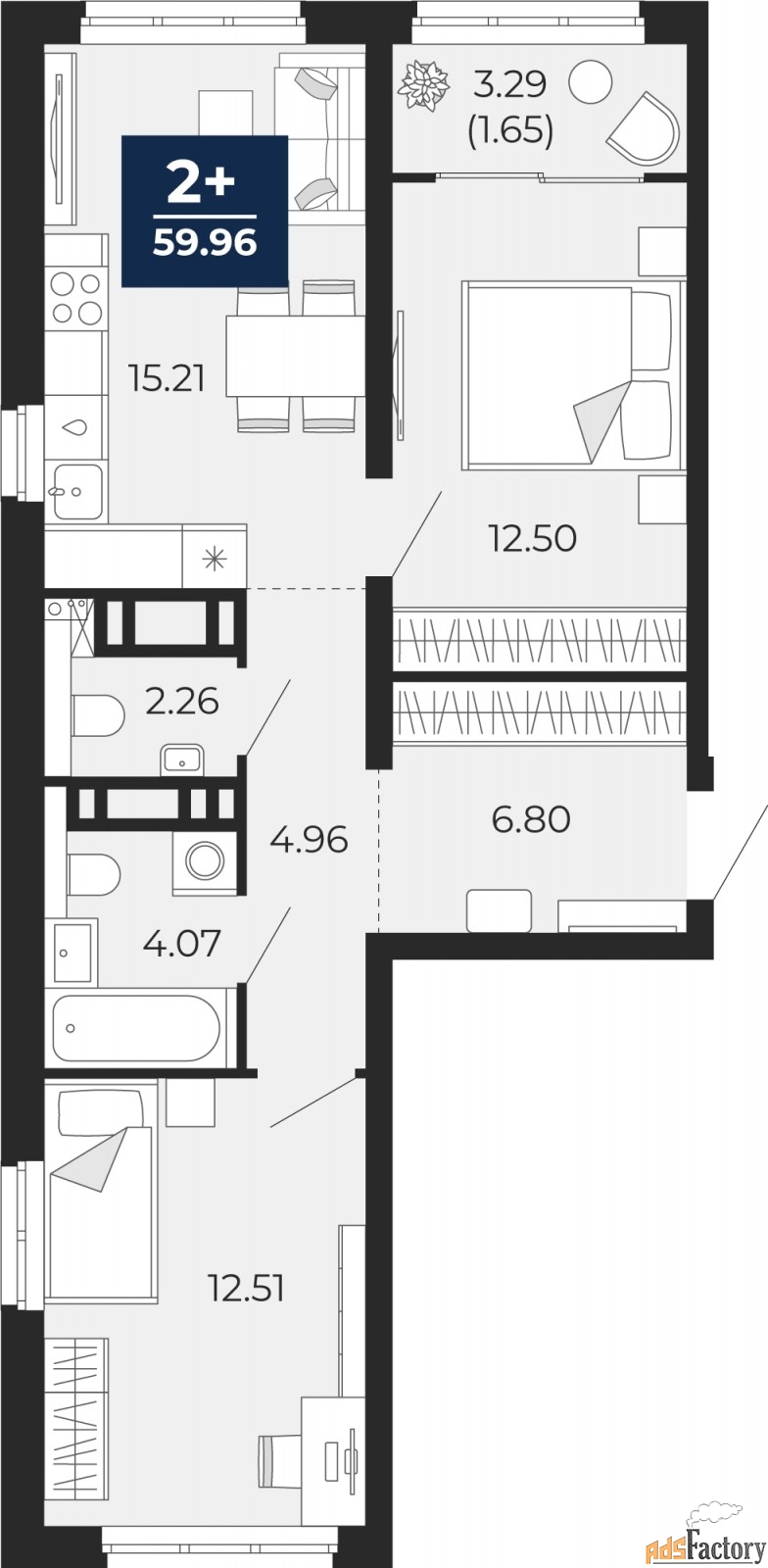 2 - комн. квартира, 59.96 м², 7/22 эт.