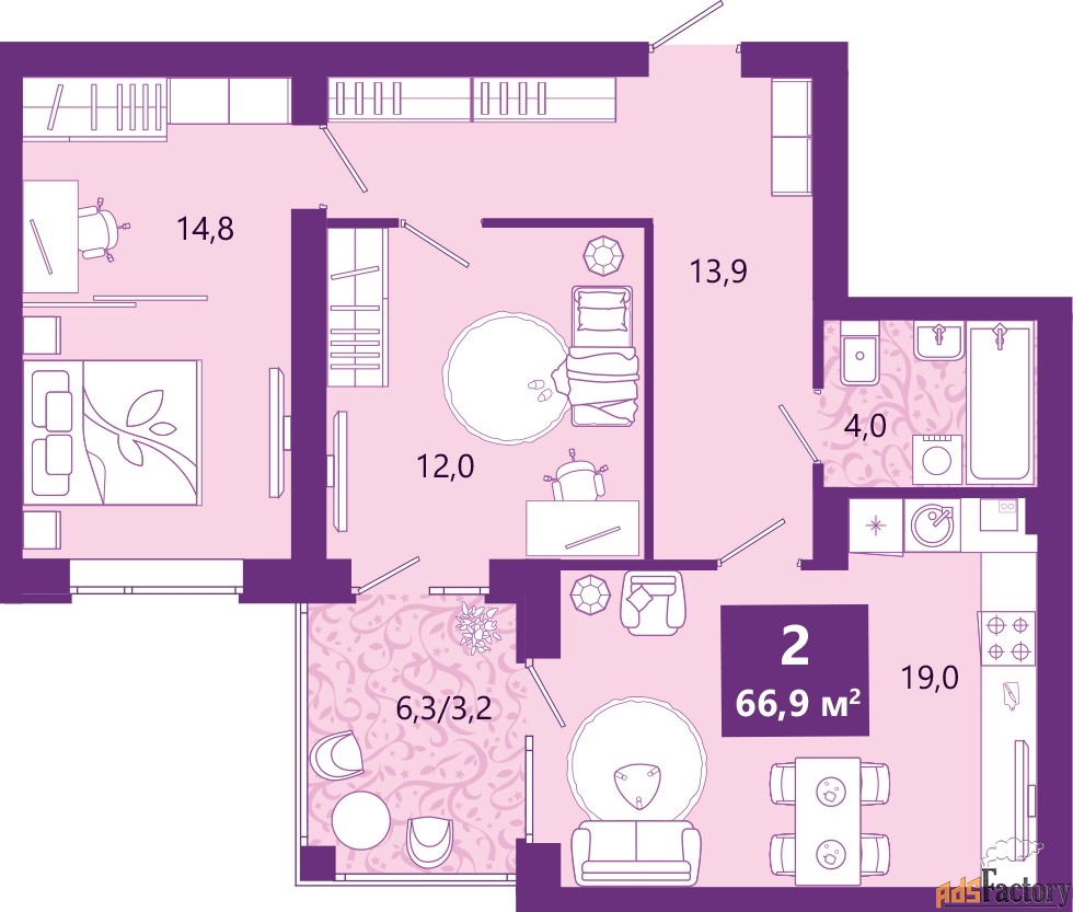 2 - комн.  квартира, 67.3 м², 3/4 эт.
