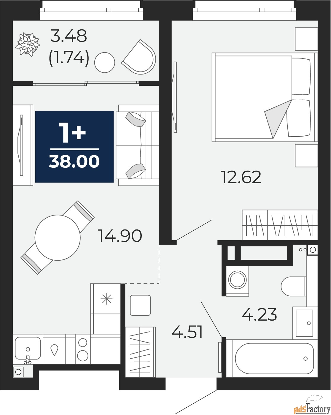 1 - комн. квартира, 38 м², 15/23 эт.