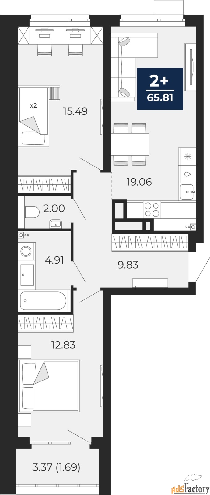 2 - комн. квартира, 65.81 м², 2/22 эт.