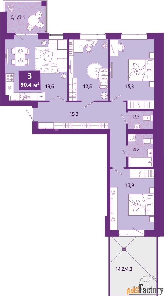 3 - комн.  квартира, 91.6 м², 1/4 эт.