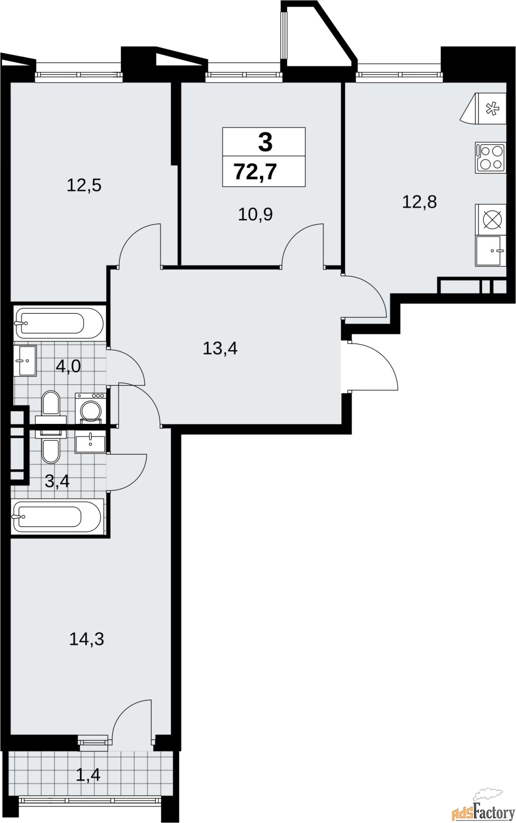 3 - комн. квартира, 72.7 м², 10/17 эт.
