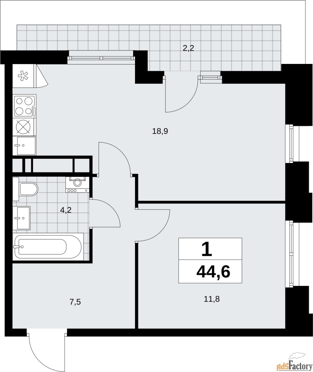 1 - комн. квартира, 44.6 м², 16/17 эт.