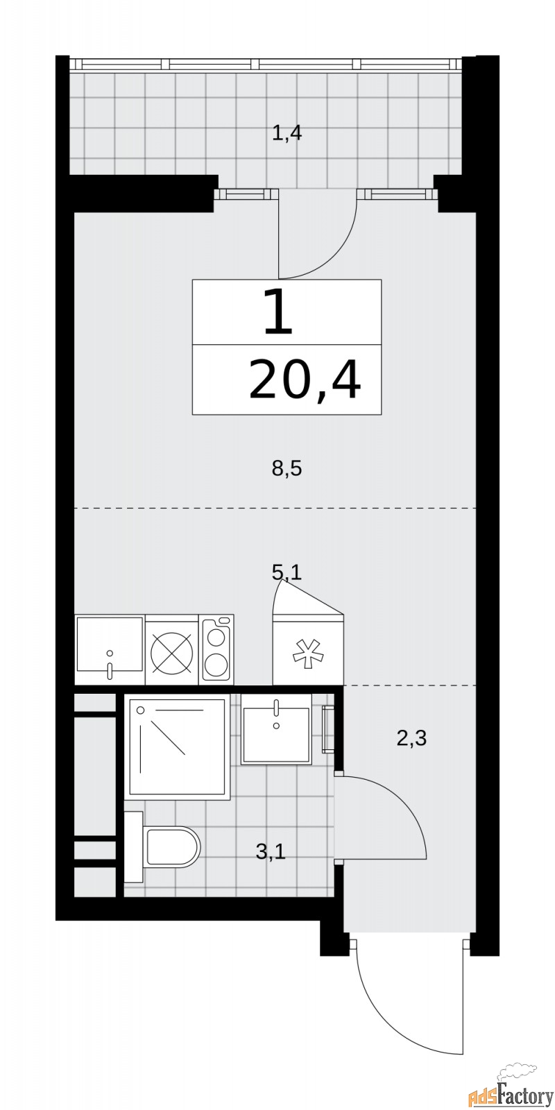 1 - комн.  квартира, 20.4 м², 13/15 эт.