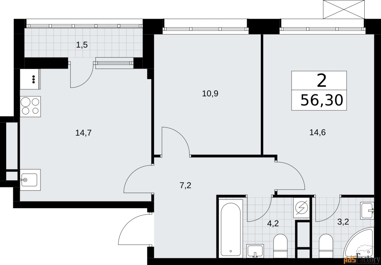 2 - комн.  квартира, 56.3 м², 6/9 эт.