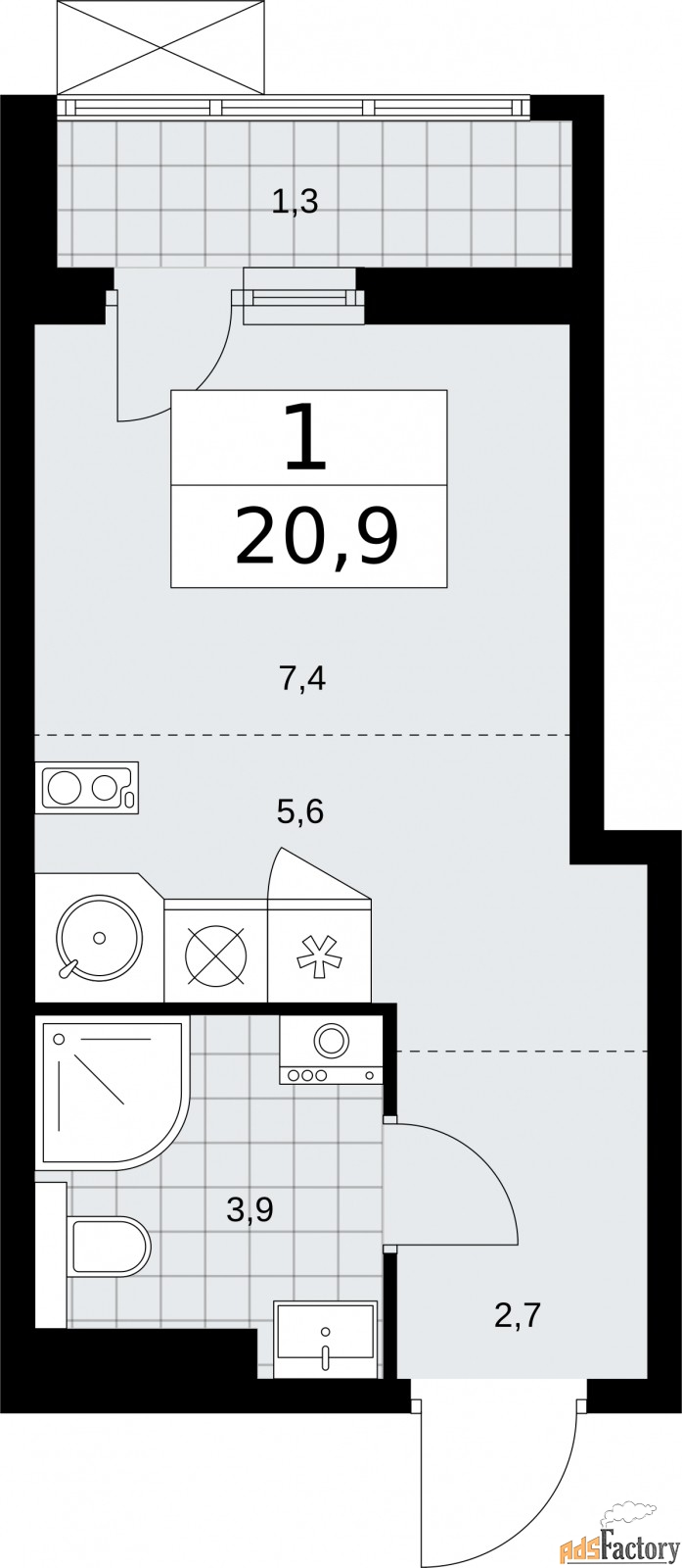 1 - комн.  квартира, 20.9 м², 10/17 эт.