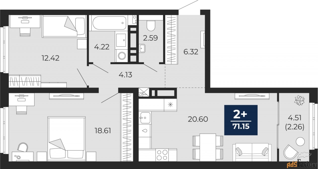 2 - комн.  квартира, 71.15 м², 3/21 эт.