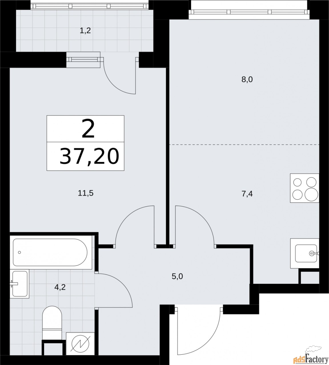 2 - комн.  квартира, 37.3 м², 2/9 эт.