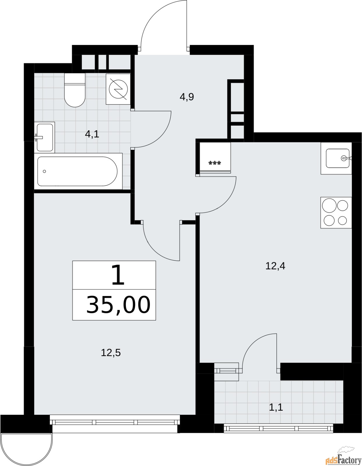 1 - комн.  квартира, 35 м², 9/10 эт.