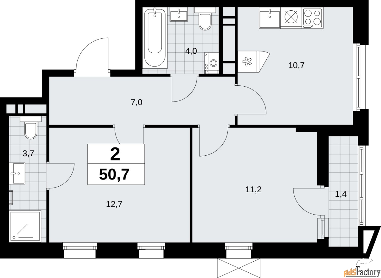 2 - комн.  квартира, 50.7 м², 13/16 эт.