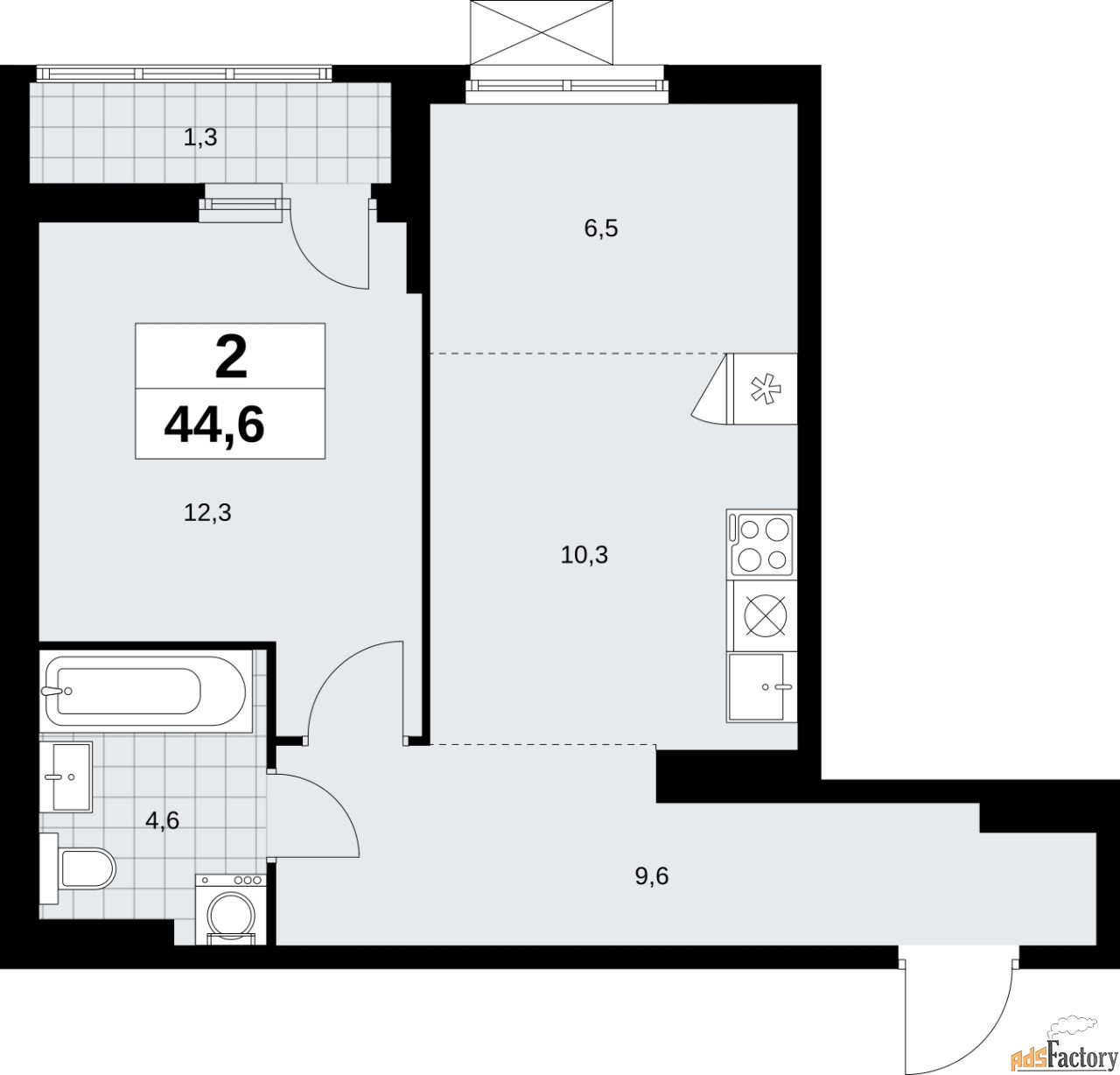 2 - комн.  квартира, 44.6 м², 13/13 эт.