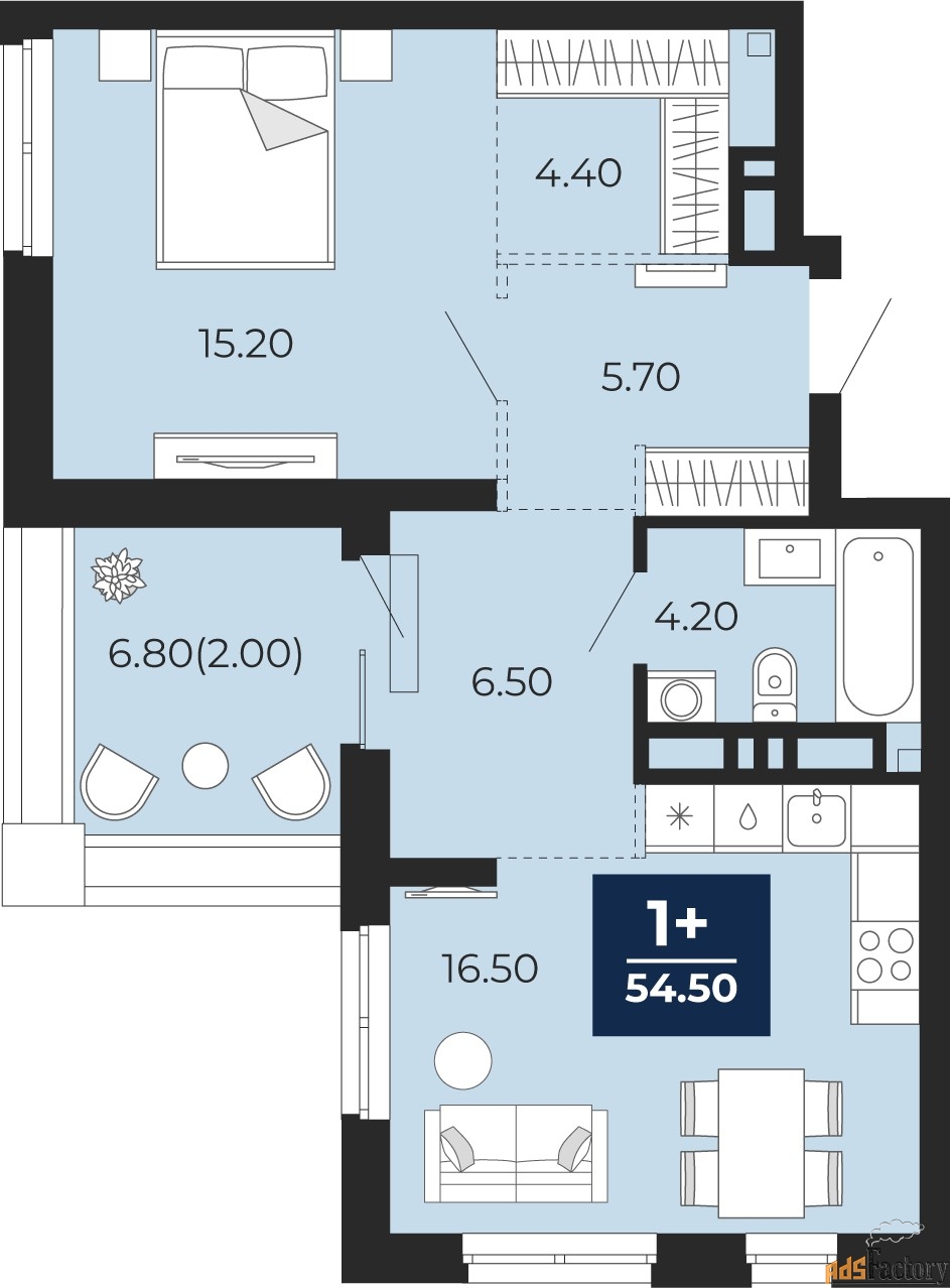 1 - комн.  квартира, 54.5 м², 16/18 эт.