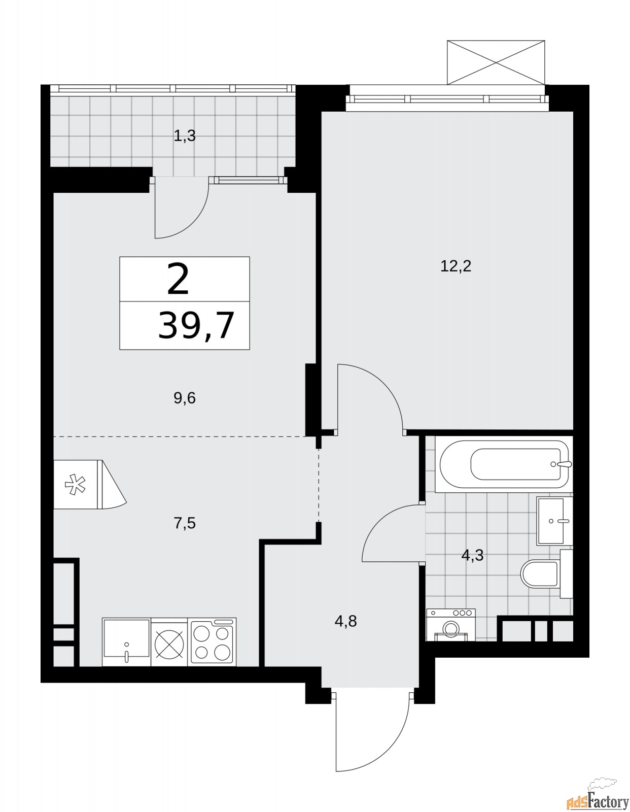 2 - комн.  квартира, 39.7 м², 15/16 эт.
