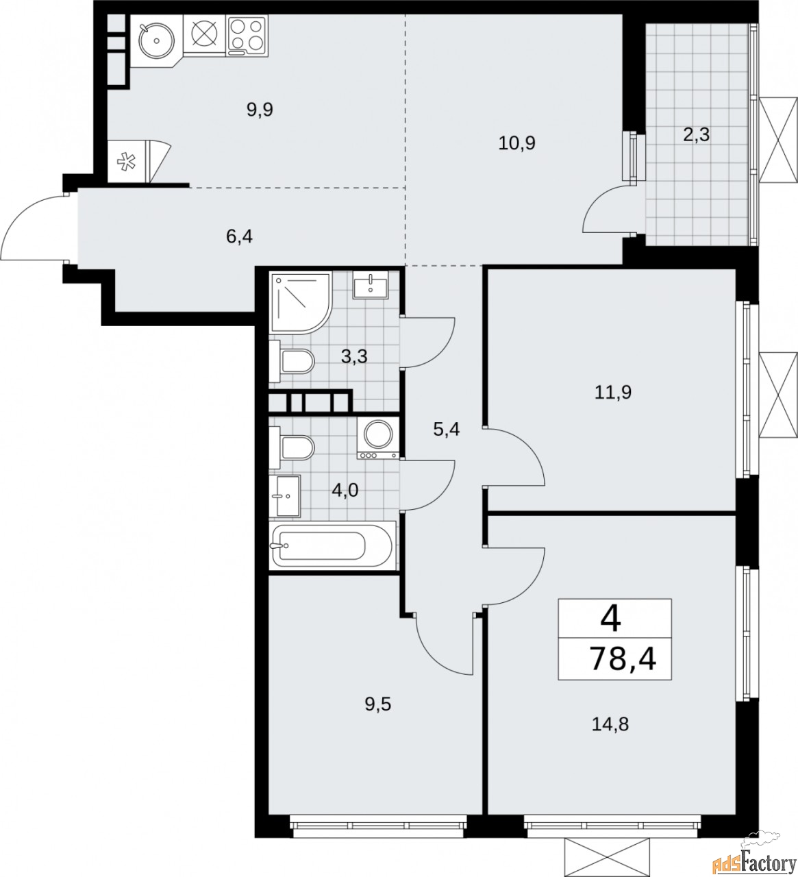 4 - комн.  квартира, 78.4 м², 19/19 эт.