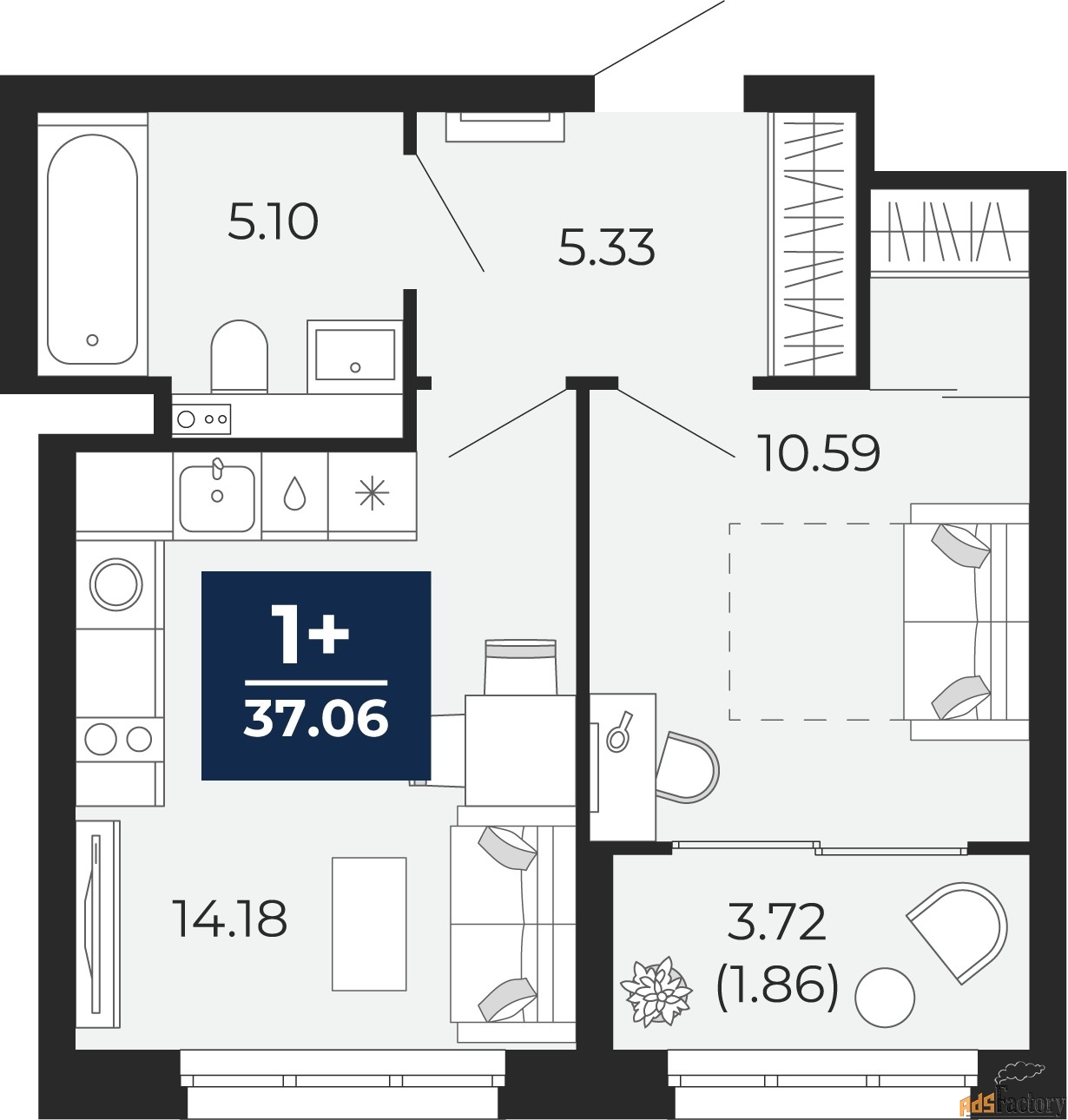 1 - комн.  квартира, 37.06 м², 2/17 эт.