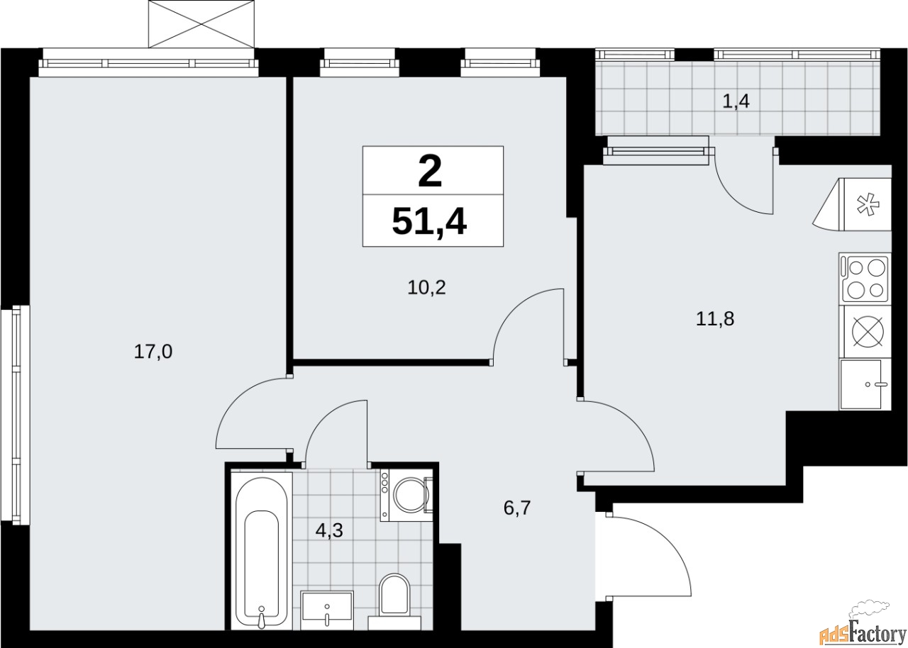 2 - комн.  квартира, 51.4 м², 14/14 эт.
