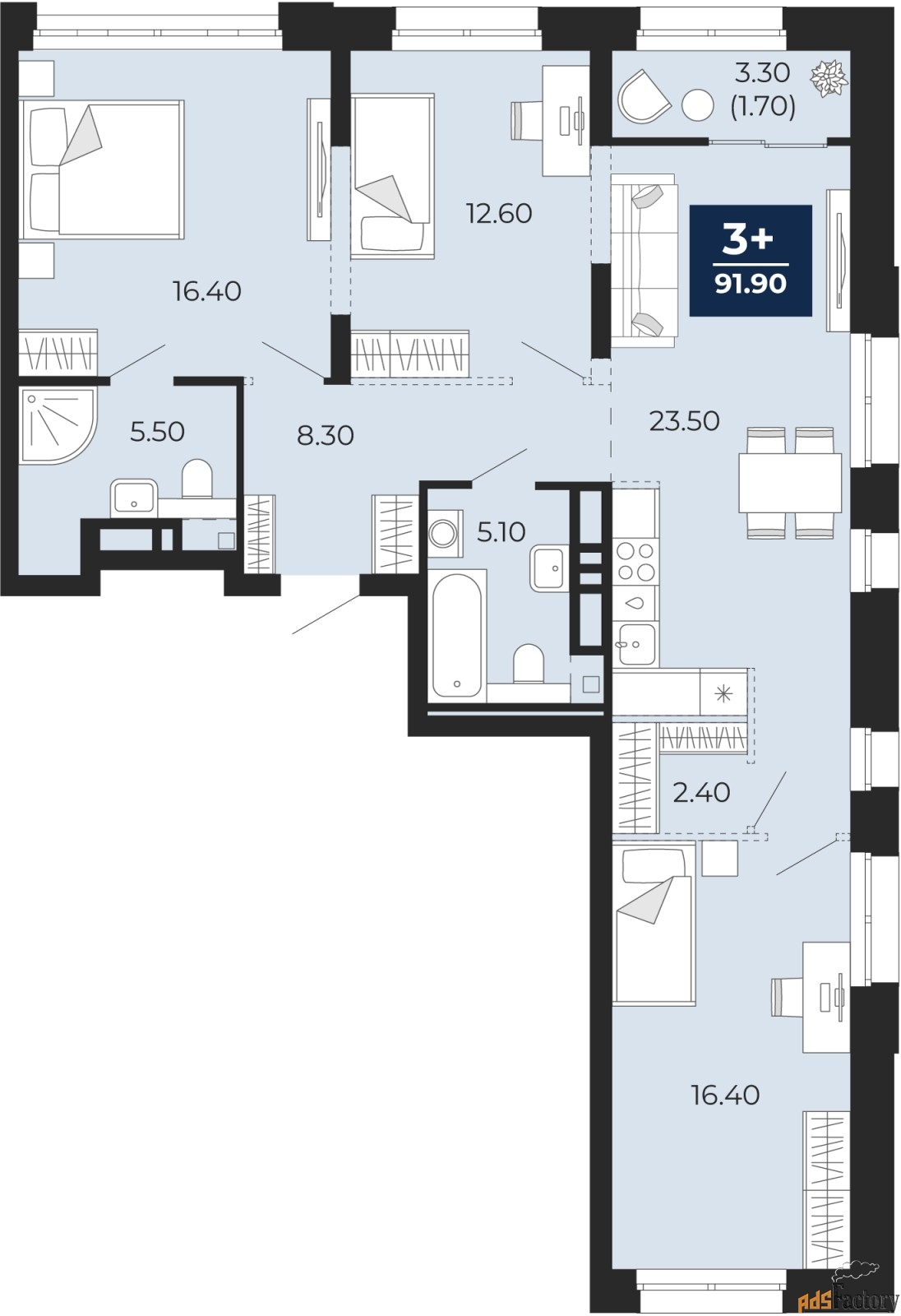 3 - комн.  квартира, 91.9 м², 4/18 эт.