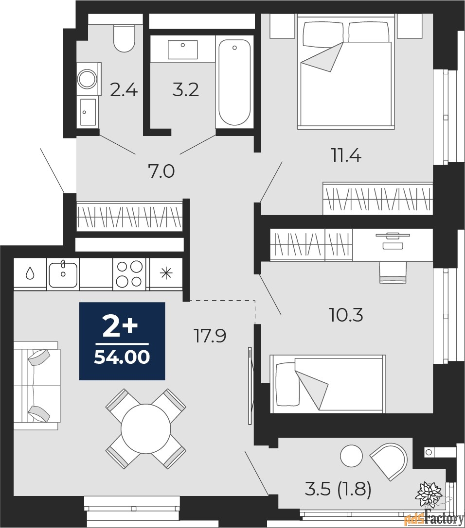 2 - комн.  квартира, 54 м², 9/14 эт.