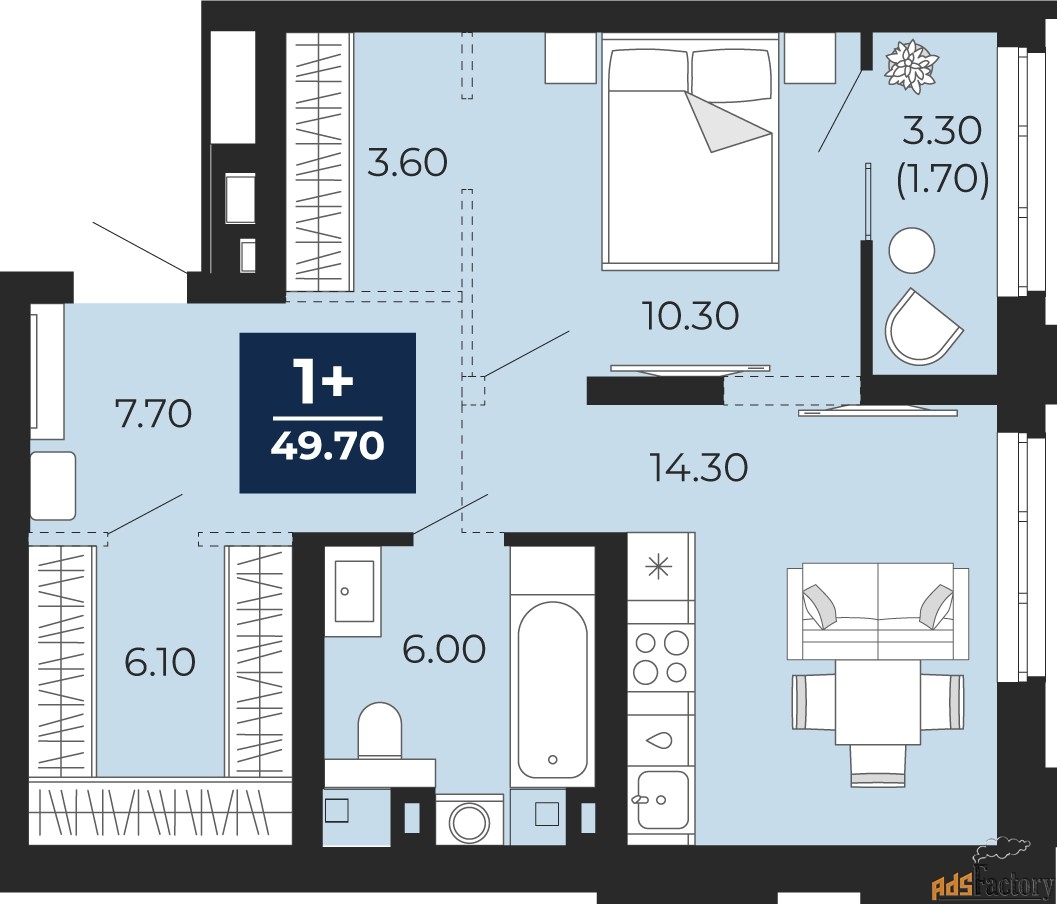 1 - комн.  квартира, 49.7 м², 2/14 эт.