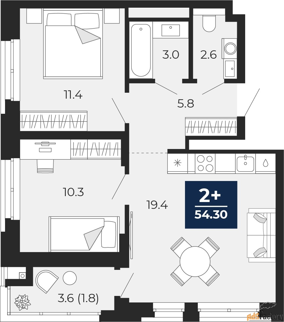 2 - комн.  квартира, 54.3 м², 7/16 эт.