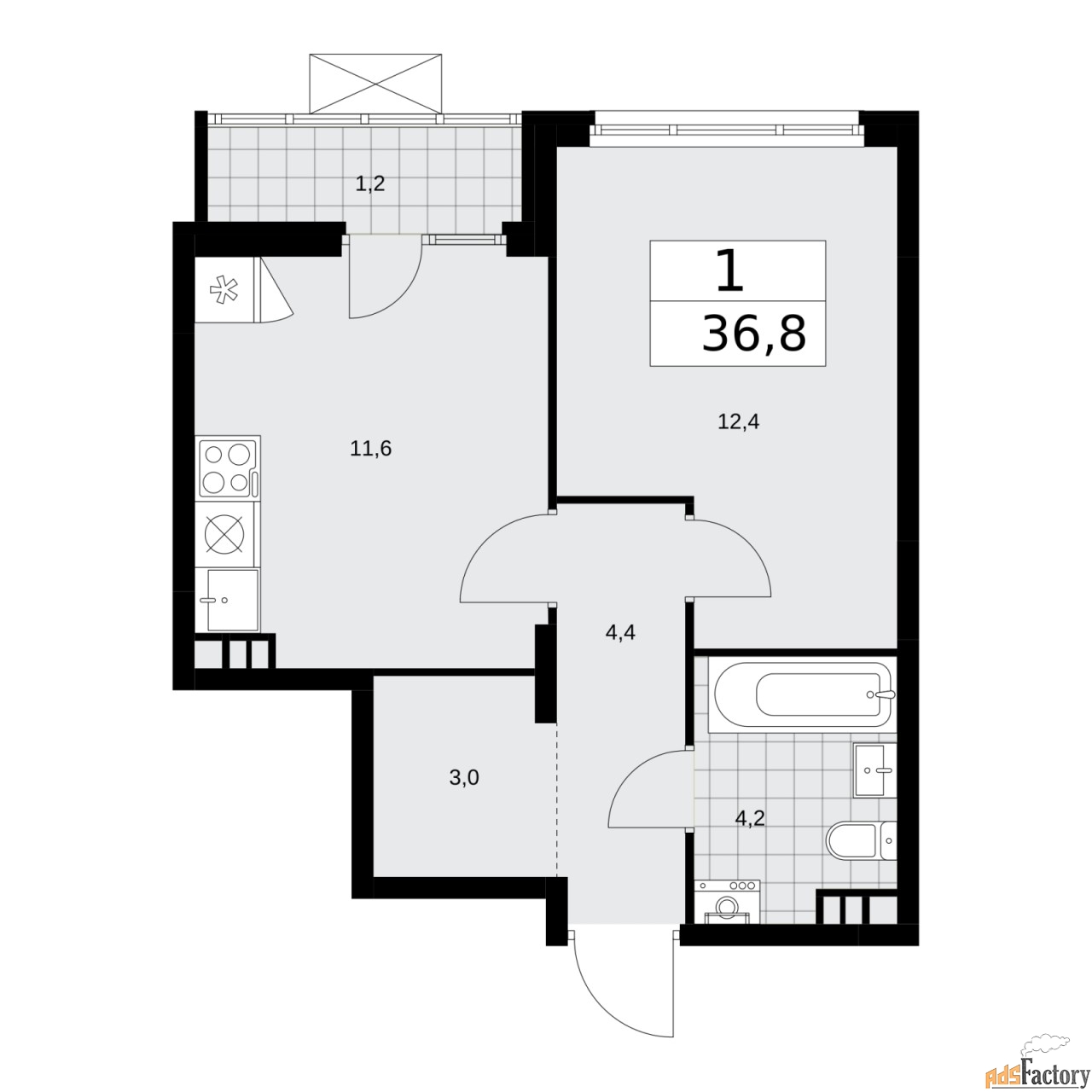 1 - комн.  квартира, 36.8 м², 12/15 эт.