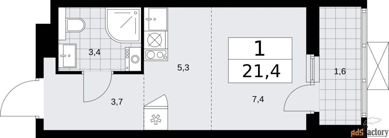 1 - комн.  квартира, 21.4 м², 11/19 эт.