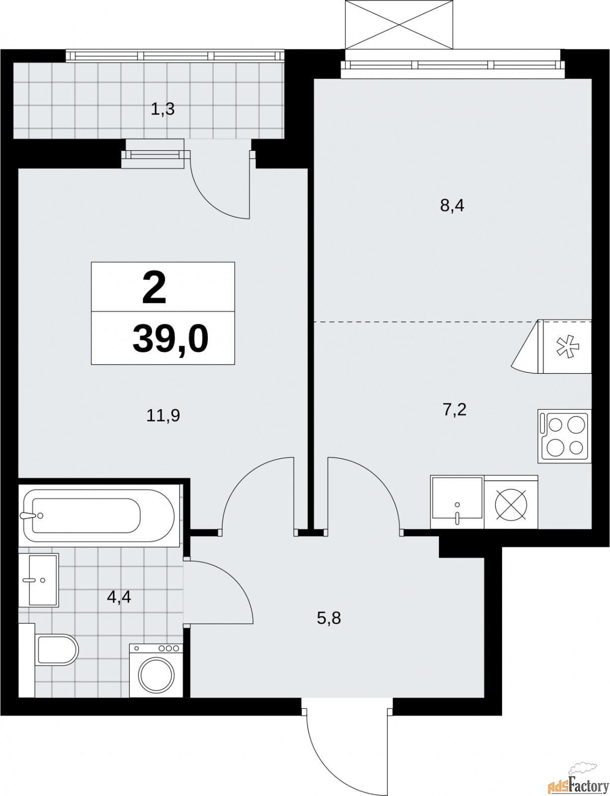 2 - комн.  квартира, 39 м², 7/9 эт.