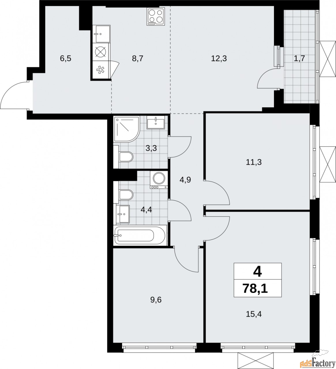 4 - комн.  квартира, 78.1 м², 17/19 эт.
