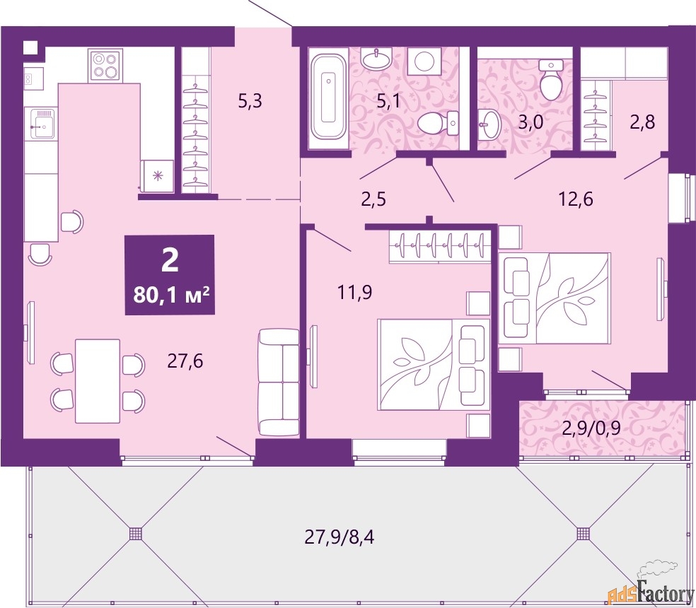 2 - комн.  квартира, 80.1 м², 1/4 эт.