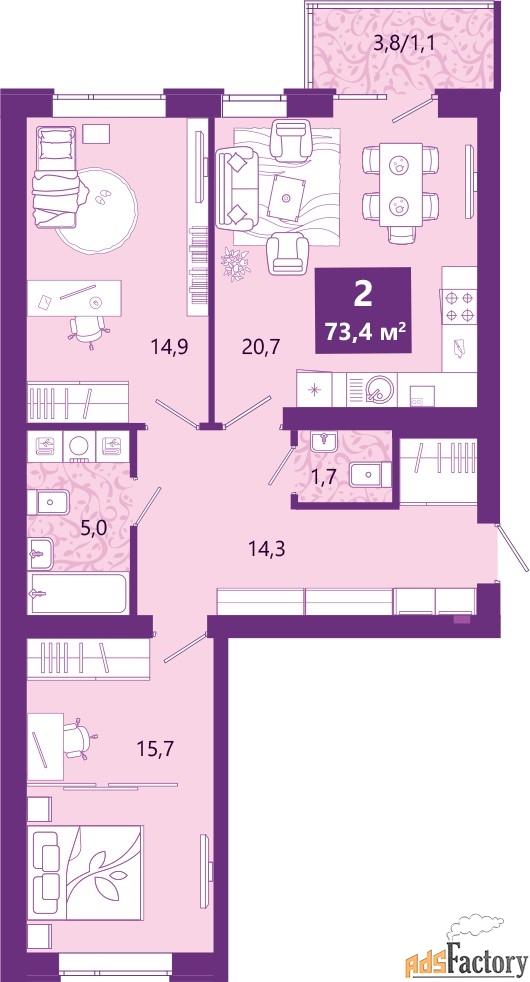 2 - комн.  квартира, 74.3 м², 2/4 эт.