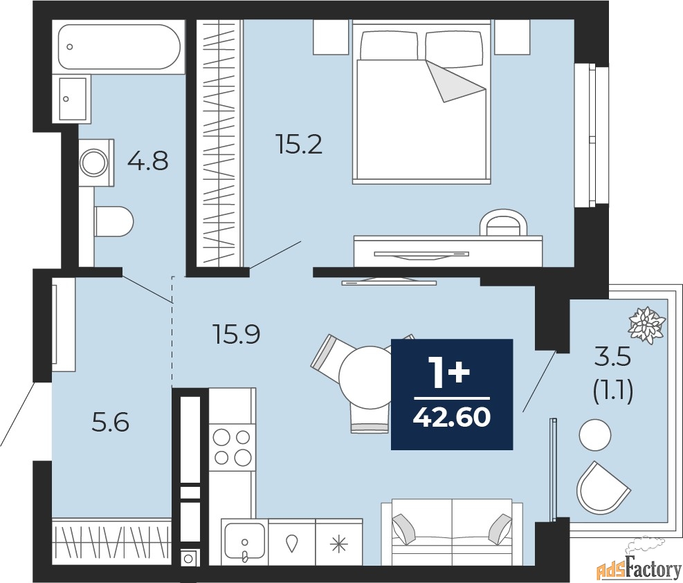 1 - комн.  квартира, 42.6 м², 6/14 эт.