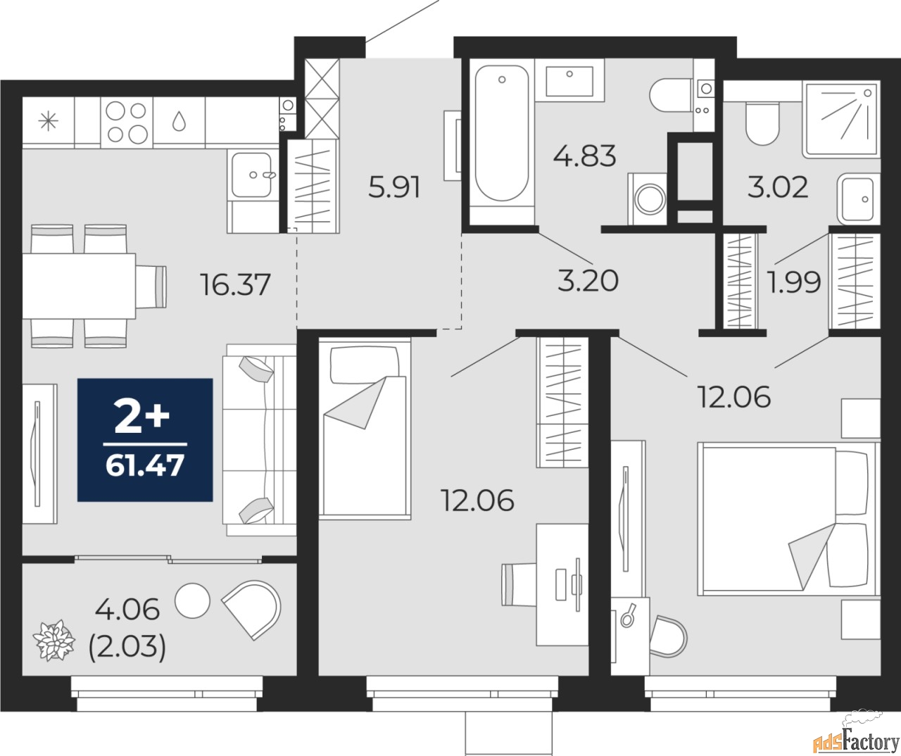 2 - комн.  квартира, 61.47 м², 9/22 эт.