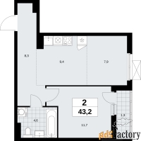 2 - комн.  квартира, 43.2 м², 4/9 эт.