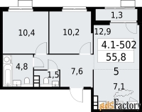 3 - комн.  квартира, 55.8 м², 16/22 эт.