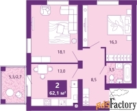 2 - комн.  квартира, 62.1 м², 3/4 эт.
